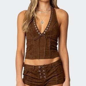 NWT Edikted Brown Suede Lace-Up Halter Top XS